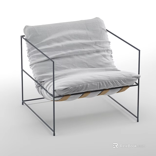 Modern Minimalist Single Sofa With Gray Fabric Cushion And Black Metal Frame Wooden Slats Design 3d model 