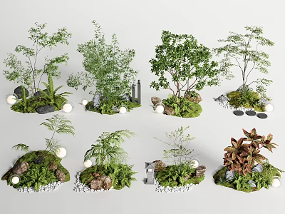 Lush Garden Design With Various Trees Green Shrubs Fern Plants Decorative Stones And Small Lights 3d model