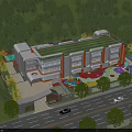 Modern School Building Exterior Surrounded By Trees With Green Roof And Colorful Play Area