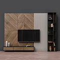 Modern Wooden TV Wall Design With Geometric Panels TV Stand And Bookshelf Decorations