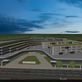 Modern School Building at Twilight with Spacious Square Green Plants and Road