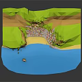 Cartoon Scenery of Low Poly Coastal Town With Colorful Houses Hills Ocean And Beach