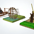 Garden Ornaments Scene With Wooden Waterwheel Windmill Wooden Bridge Green Grassland And Decorative Structures