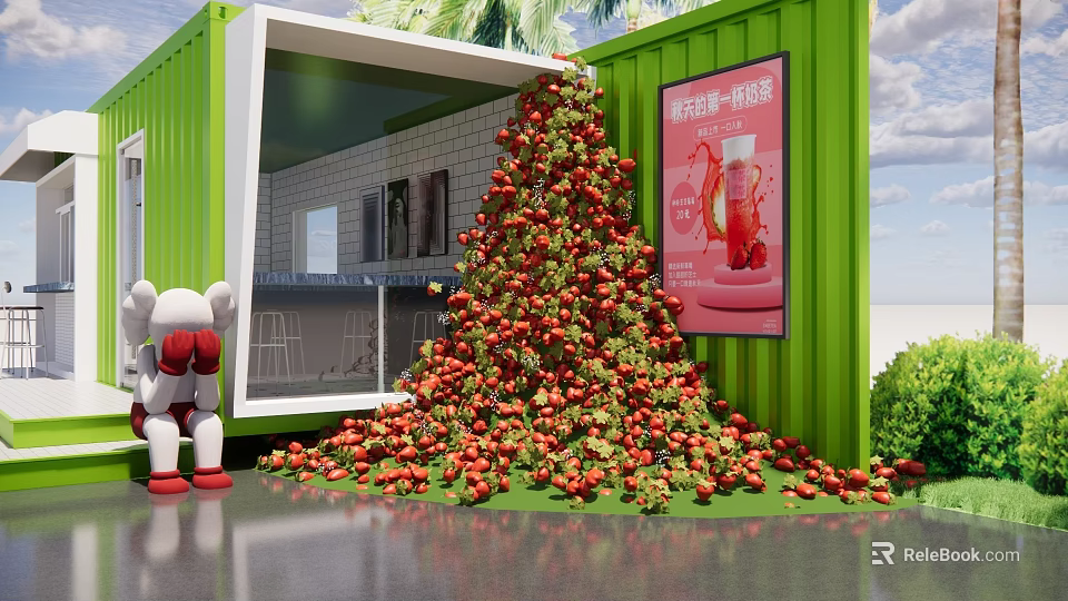 Popular Photo Spot With Green Container Red Tomato Pile White Cartoon Doll And Palm Trees 3d model 