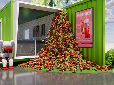 Popular Photo Spot With Green Container Red Tomato Pile White Cartoon Doll And Palm Trees 3d model