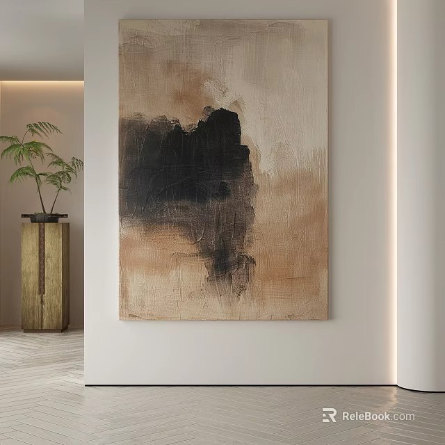 Modern Minimalist Abstract Painting With Dark Brown And Beige Tones On White Wall 3d model 