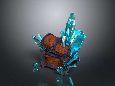 Decorative Brown Wooden Storage Chest With Blue Crystals On Top And Around 3d model