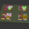 Cartoon Scene With Four Small House Models On Green Grass Lawn
