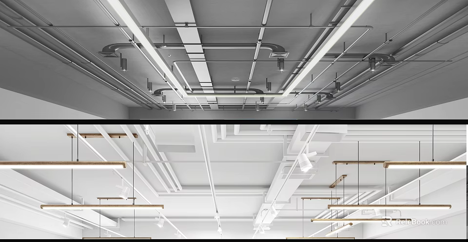 Modern Industrial Suspended Ceiling Design With Metal Framework Pipes and Lighting 3d model 
