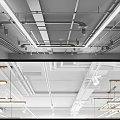 Modern Industrial Suspended Ceiling Design With Metal Framework Pipes and Lighting