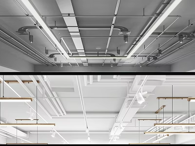 Modern Industrial Suspended Ceiling Design With Metal Framework Pipes and Lighting 3d model