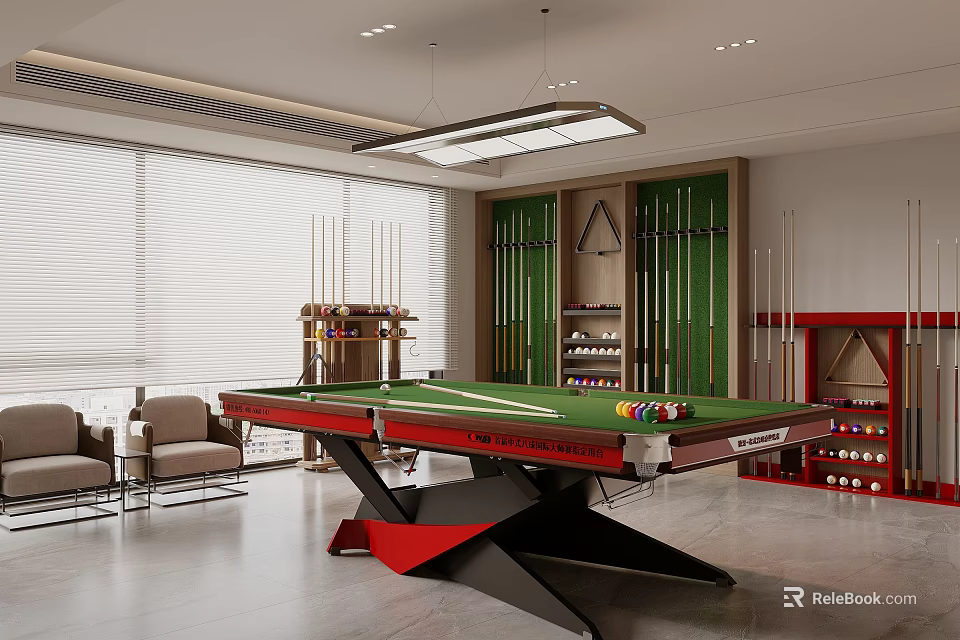 Modern Billiard Room Interior With Green Felt Table Red Frame Cues Chairs And Storage Cabinets 3d model 