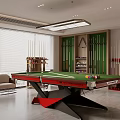 Modern Billiard Room Interior With Green Felt Table Red Frame Cues Chairs And Storage Cabinets