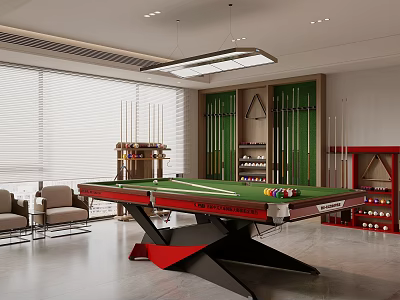 Modern Billiard Room Interior With Green Felt Table Red Frame Cues Chairs And Storage Cabinets 3d model