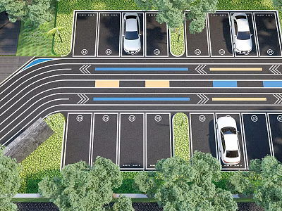 Aerial View Of Parking Lot With Multiple Spaces White Cars Curved Lanes And Greenery 3d model