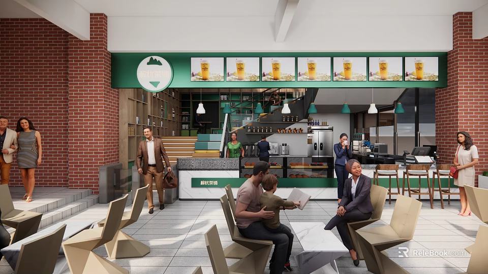 Modern Bubble Tea Shop Interior With Cozy Seating Customers Relaxing And Fresh Drinks 3d model 