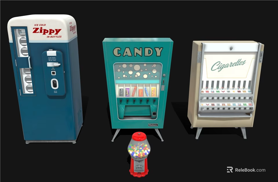 Commercial Equipment Featuring Beverage Candy Cigarette Vending Machines And Gumball Dispenser 3d model 