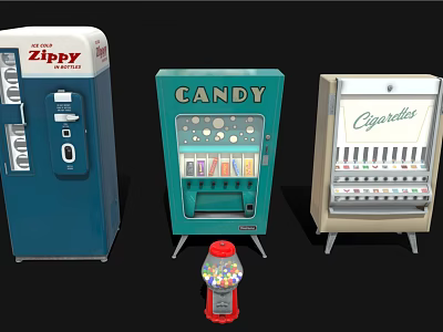 Commercial Equipment Featuring Beverage Candy Cigarette Vending Machines And Gumball Dispenser 3d model