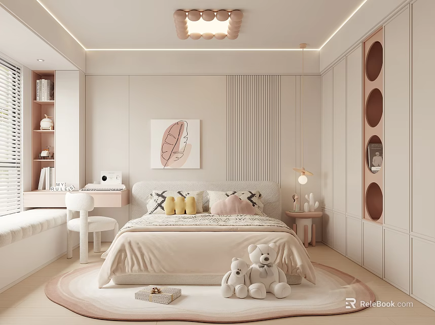 Cozy Kids Room Interior With Soft Bed Teddy Bears Round Carpet Desk And Leaf Painting 3d model 