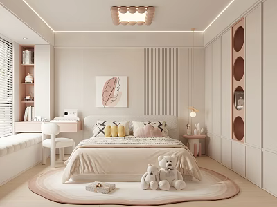 Cozy Kids Room Interior With Soft Bed Teddy Bears Round Carpet Desk And Leaf Painting 3d model