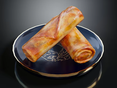 Crispy Fried Spring Rolls Placed on Blue Plate with Gold Rim and Patterns 3d model