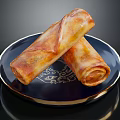 Crispy Fried Spring Rolls Placed on Blue Plate with Gold Rim and Patterns