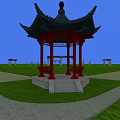 Symmetrical Square Garden On Green Lawn With Circular Paths Central Pattern And Benches 3d model