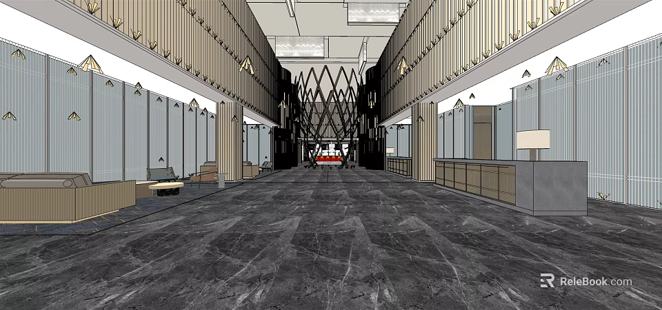 Spacious Hotel Lobby With Marble Floor Geometric Ceiling And Glass Windows 3d model