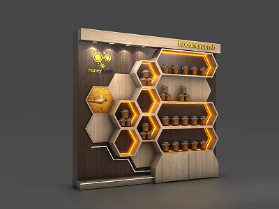 Local Honey Display Cabinet With Wooden Hexagon Shelves And Jar Storage Lighting 3d model