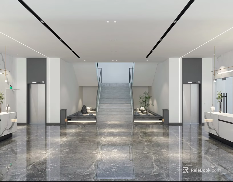 Elegant Modern Reception Area With Marble Floor Staircase Elevators And Green Plants 3d model