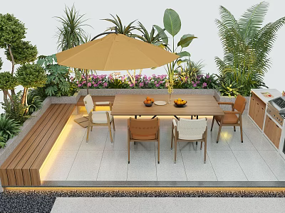 Courtyard Garden Outdoor Dining Area With Tan Umbrella Wooden Table Chairs Greenery Flowers And Kitchen 3d model