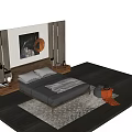 Double Bed with Wooden Headboard Gray Bedding White Pillows Nightstands and Copper Wall Decor