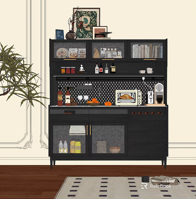 Modern Black Sideboard With Wine Bottles Glasses Food Items And Decorations 3d model 