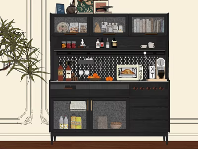 Modern Black Sideboard With Wine Bottles Glasses Food Items And Decorations 3d model