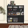 Modern Black Sideboard With Wine Bottles Glasses Food Items And Decorations