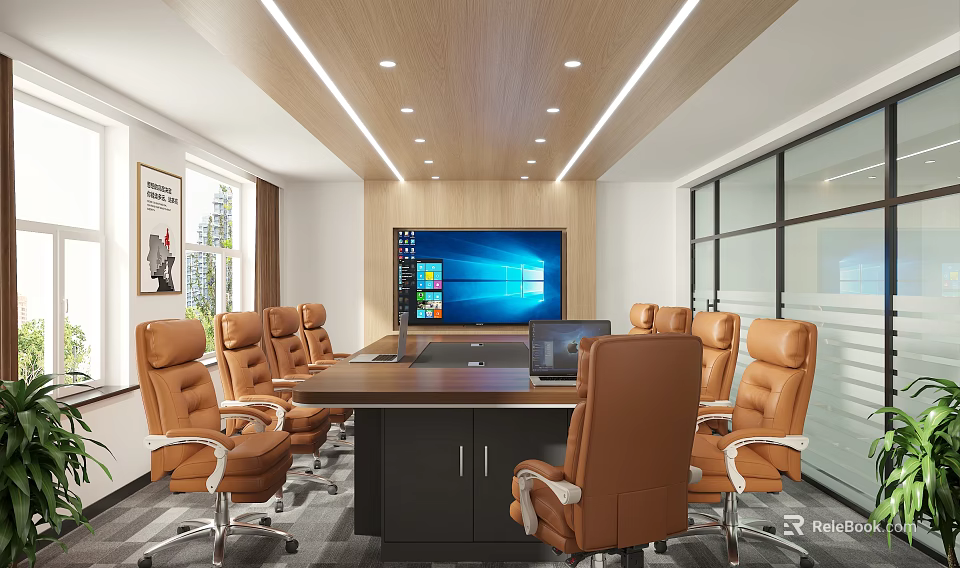 Modern Conference Room With Long Table Brown Leather Chairs Large Screen Monitor Ceiling Light Strips 3d model 