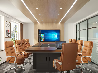 Modern Conference Room With Long Table Brown Leather Chairs Large Screen Monitor Ceiling Light Strips 3d model