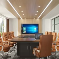 Modern Conference Room With Long Table Brown Leather Chairs Large Screen Monitor Ceiling Light Strips