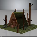 Wooden House with Green Mossy Roof Surrounded by Tree Trunks and Small Front Steps