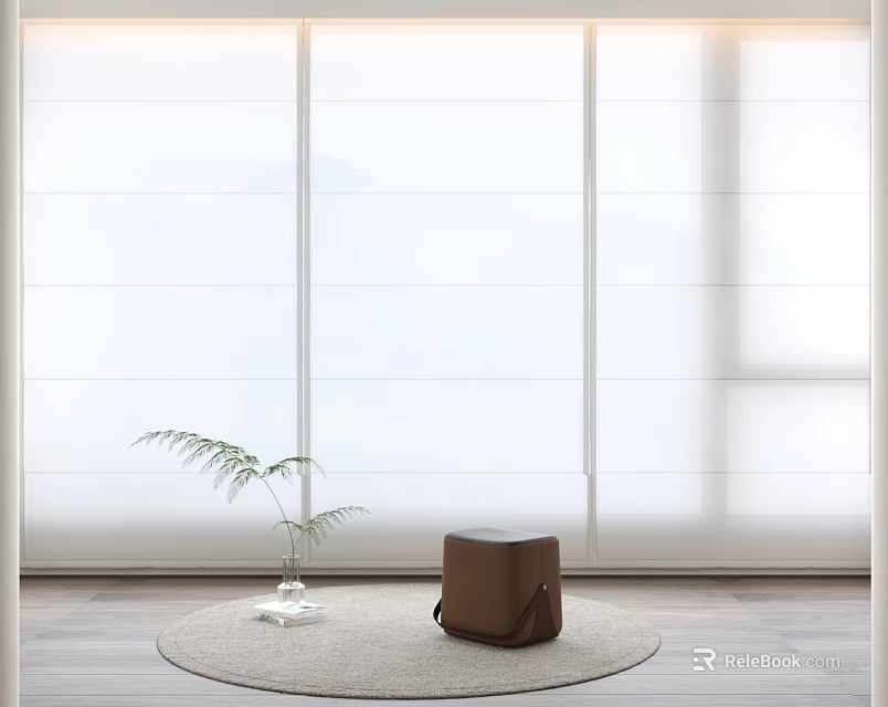 White Modern Curtains in Bright Room Window with Small Plant Brown Stool and Round Rug 3d model 