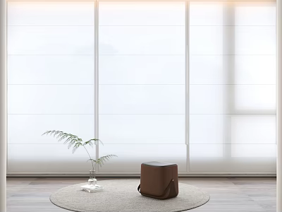 White Modern Curtains in Bright Room Window with Small Plant Brown Stool and Round Rug 3d model