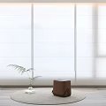 White Modern Curtains in Bright Room Window with Small Plant Brown Stool and Round Rug