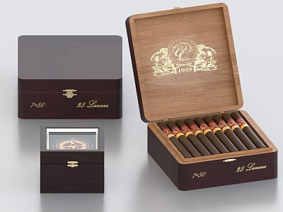 Elegant Wooden Cigar Box With Open Lid Golden Logo And Stored Cigars Inside 3d model
