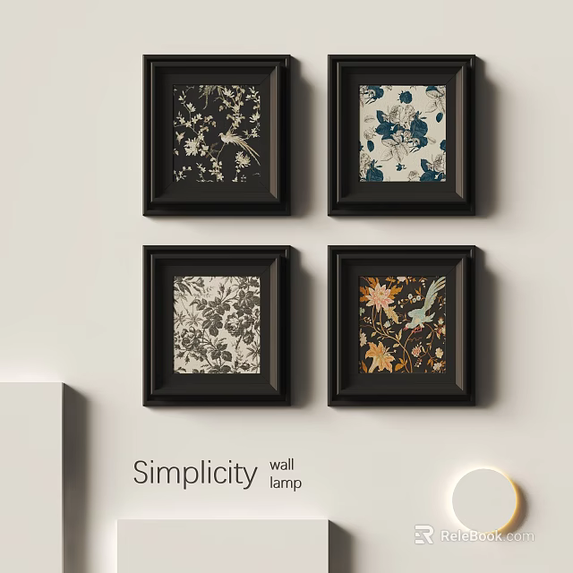 Simple Four Picture Frames With Floral Prints Hanging On White Wall 3d model