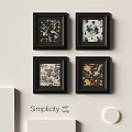 Simple Four Picture Frames With Floral Prints Hanging On White Wall 3d model