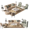 Elegant Classical Sofa and Coffee Table Combination with Chairs Rug and Decorative Lamp