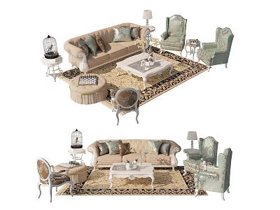 Elegant Classical Sofa and Coffee Table Combination with Chairs Rug and Decorative Lamp 3d model