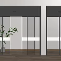 Modern Glass Doors With Black Frames In Bright Interior With Wooden Floor And Green Plant