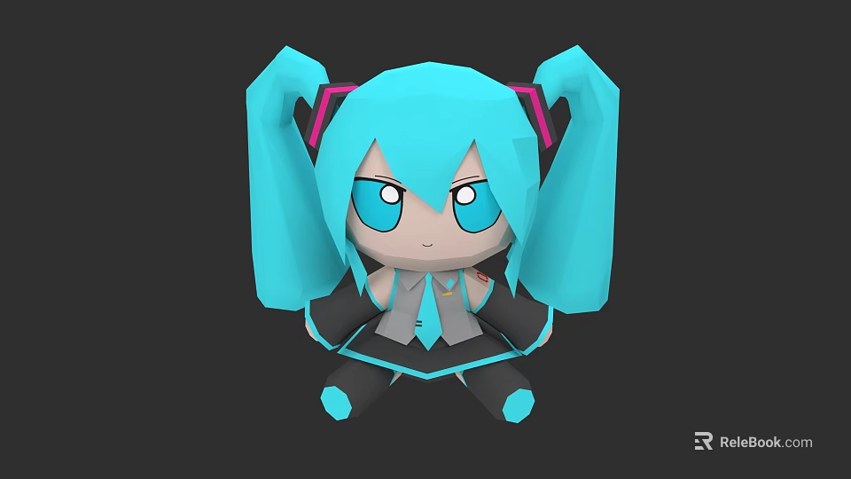 Anime Style Game Character With Blue Pigtails Large Eyes And Black Outfit 3d model 