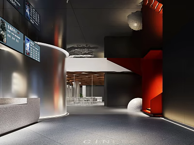 Modern Cinema Lobby With Black Red Decor Circular Lighting And Screens 3d model